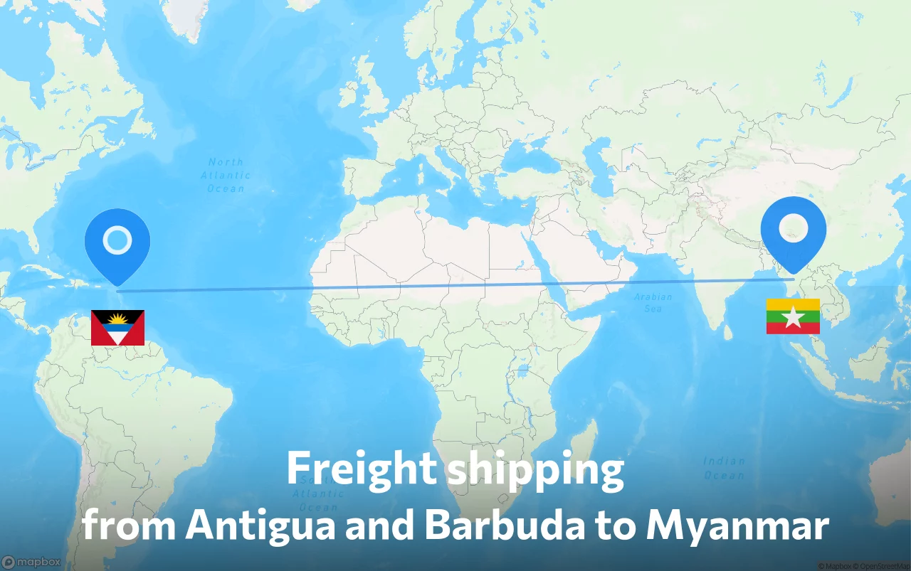 Shipping route from Antigua and Barbuda to Myanmar