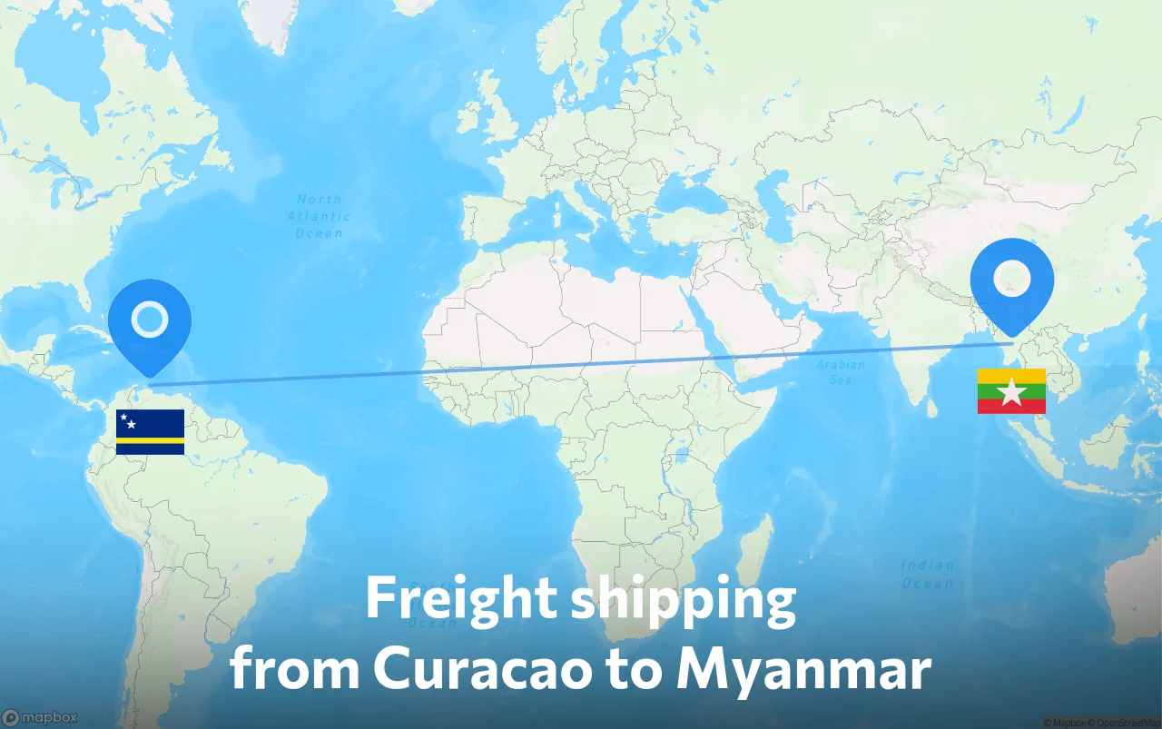 Shipping route from Curacao to Myanmar