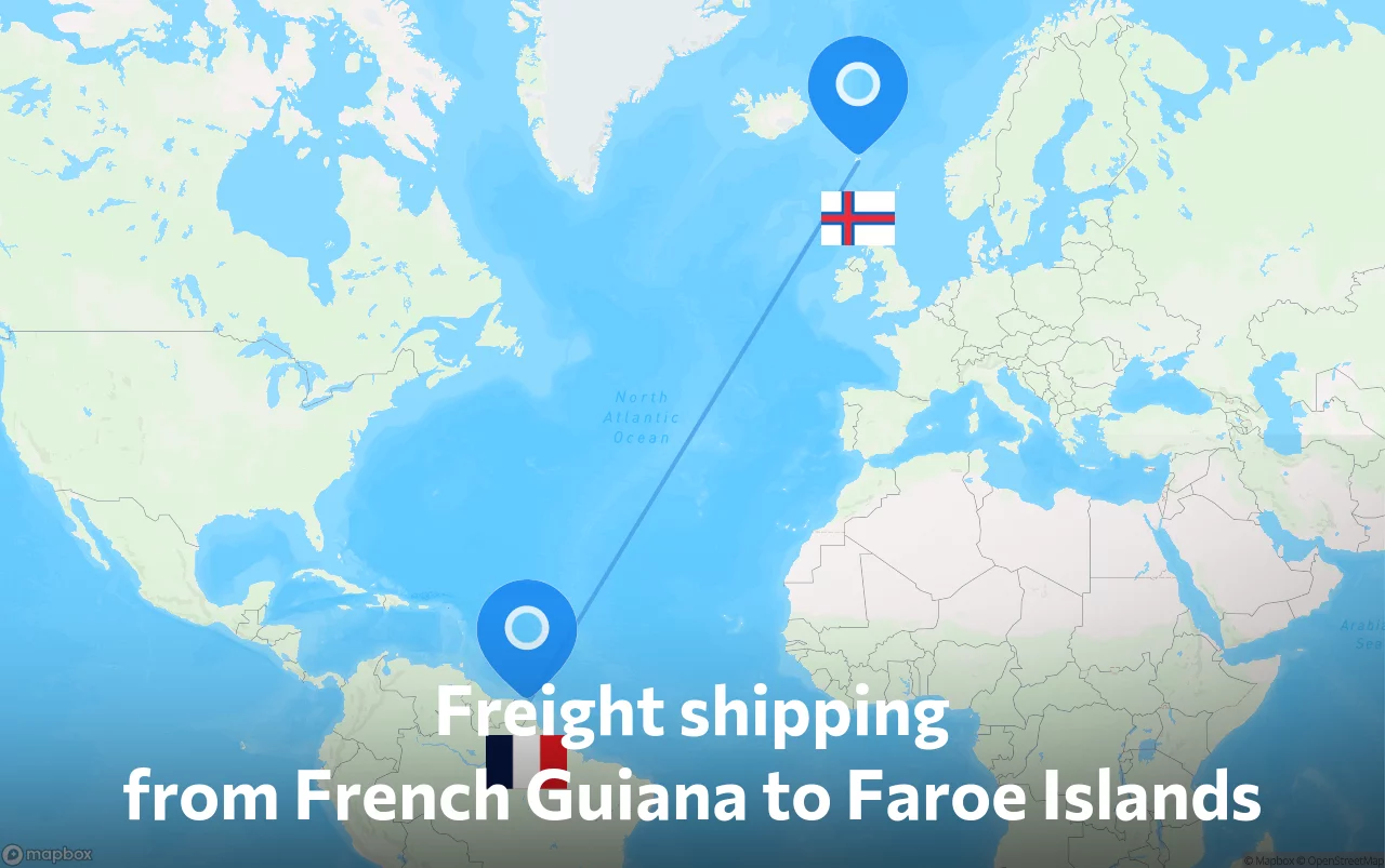 Shipping route from French Guiana to Faroe Islands