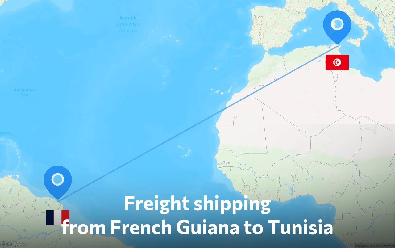 Shipping route from French Guiana to Tunisia