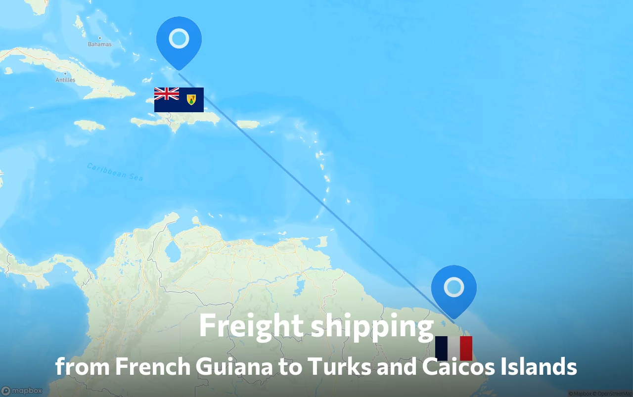 Shipping route from French Guiana to Turks and Caicos Islands