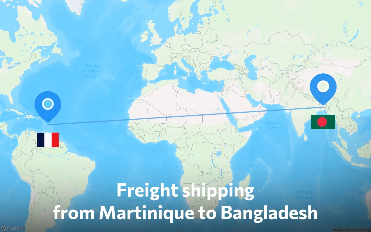 Shipping route from Martinique to Bangladesh