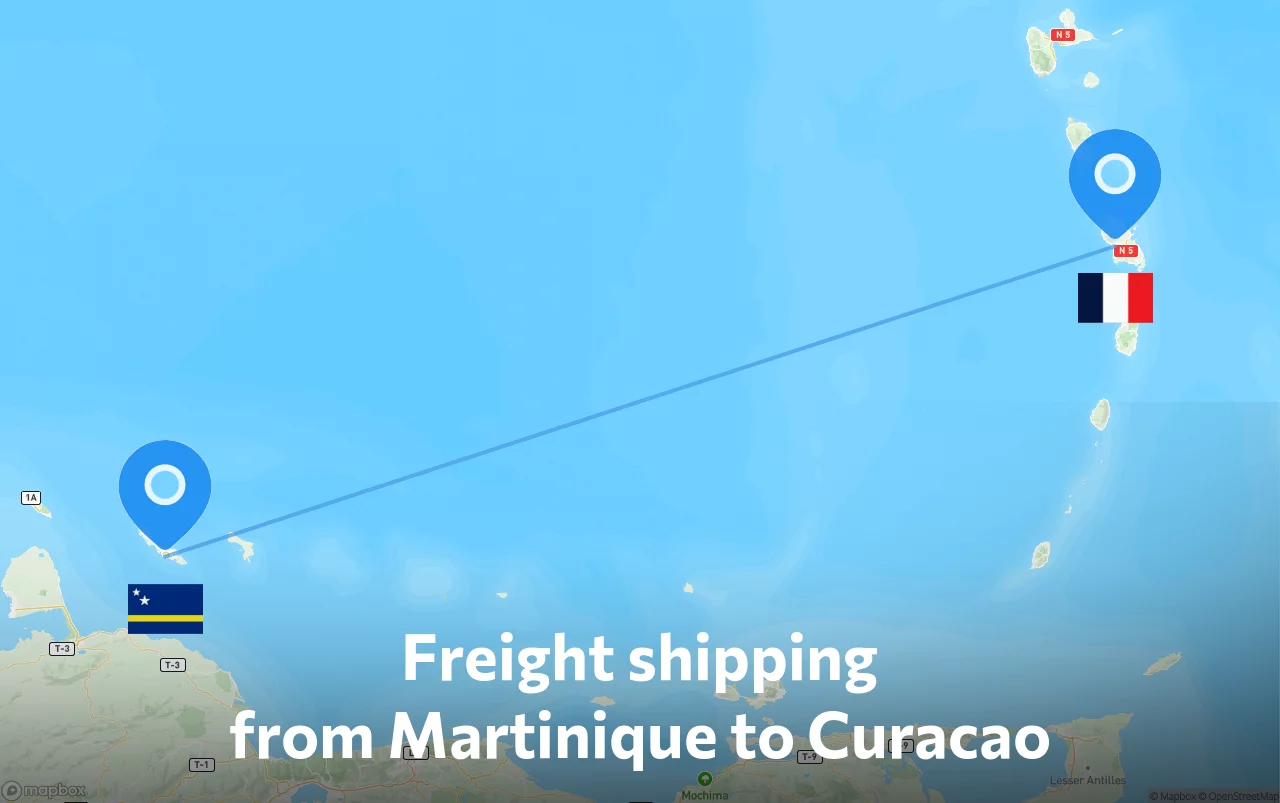 Shipping route from Martinique to Curacao