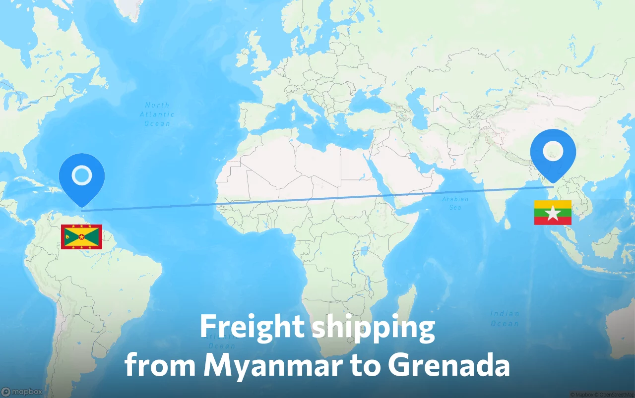 Shipping route from Myanmar to Grenada