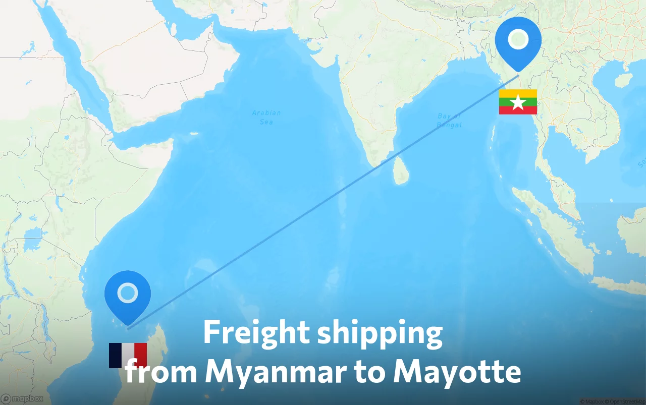 Shipping route from Myanmar to Mayotte