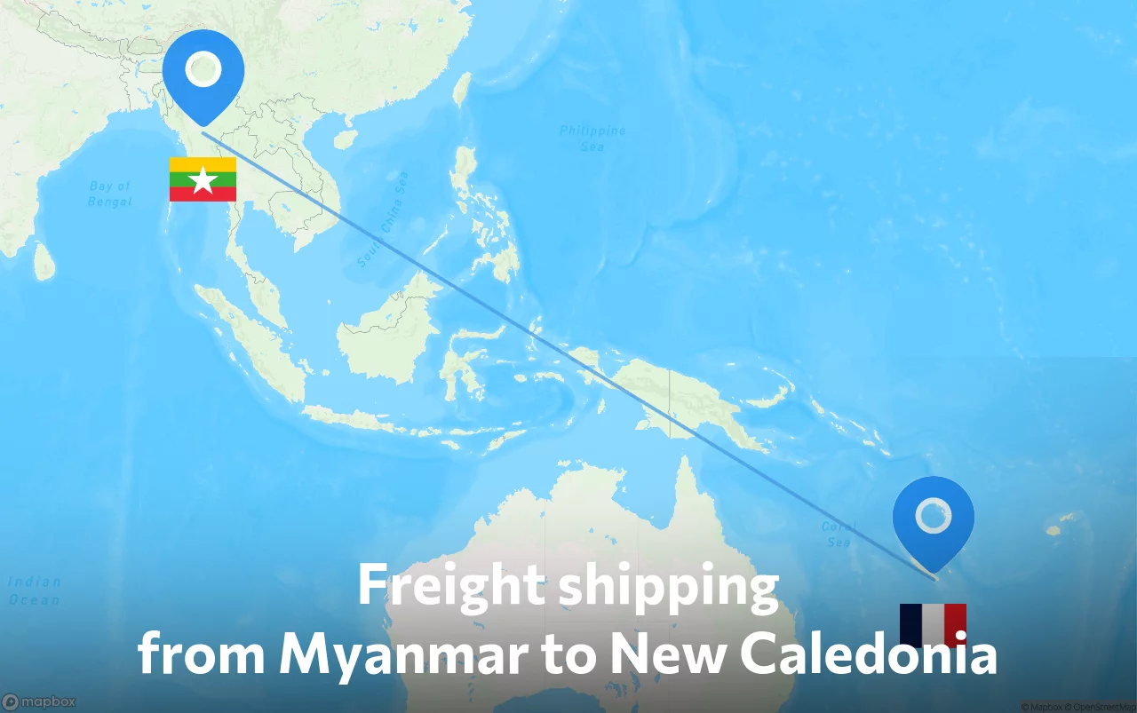 Shipping route from Myanmar to New Caledonia