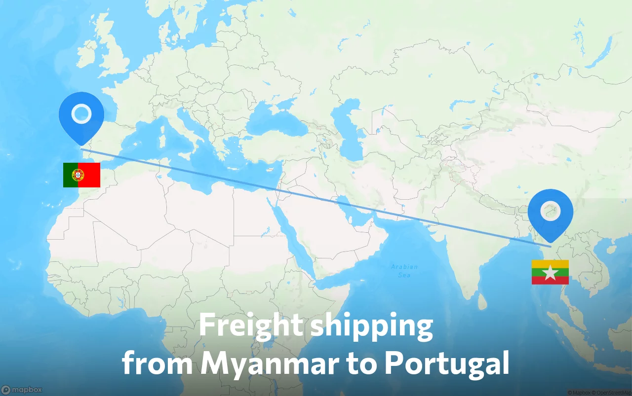 Shipping route from Myanmar to Portugal