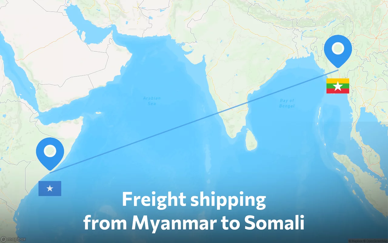 Shipping route from Myanmar to Somali