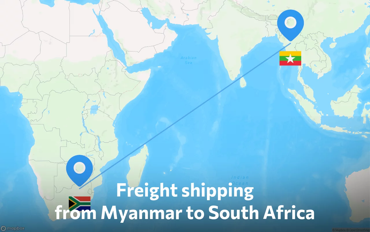 Shipping route from Myanmar to South Africa