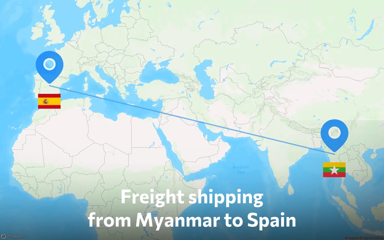Shipping route from Myanmar to Spain