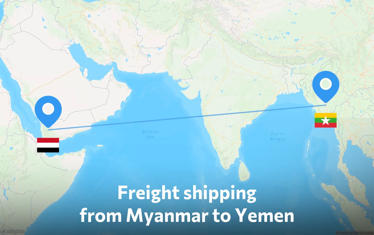 Shipping route from Myanmar to Yemen