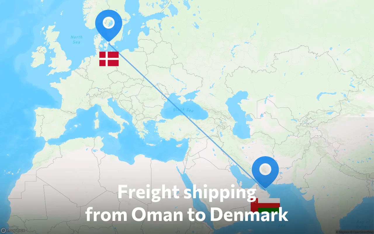 Shipping route from Oman to Denmark