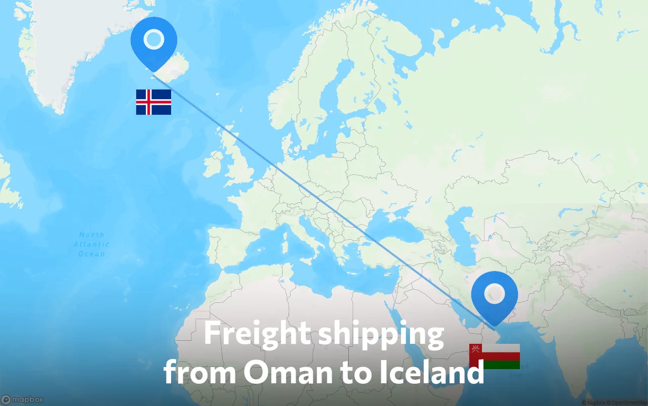 Shipping route from Oman to Iceland