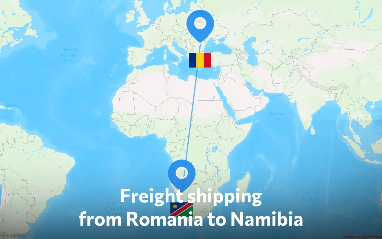 Shipping route from Romania to Namibia