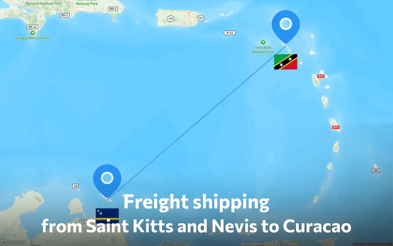 Shipping route from Saint Kitts and Nevis to Curacao