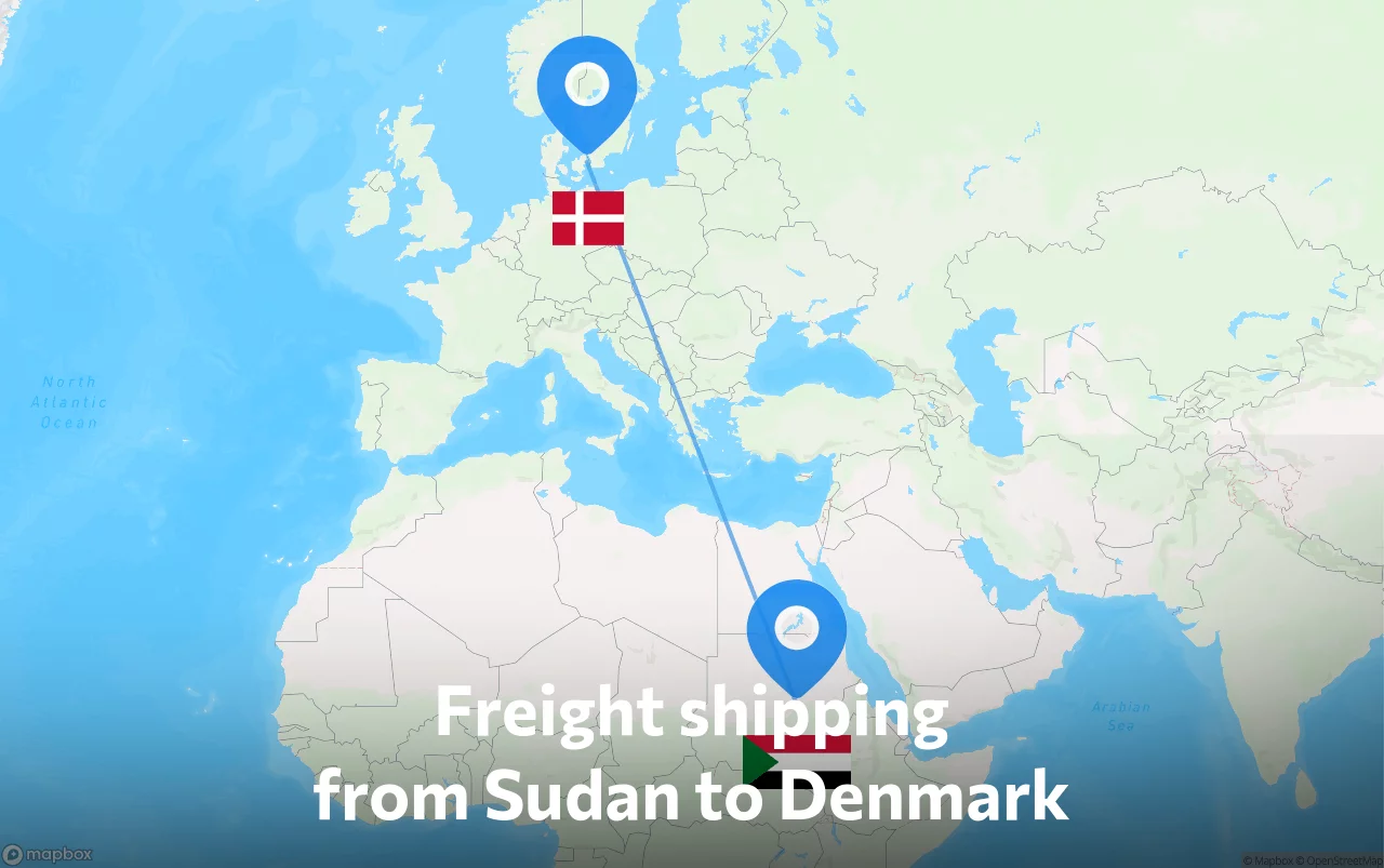 Shipping route from Sudan to Denmark