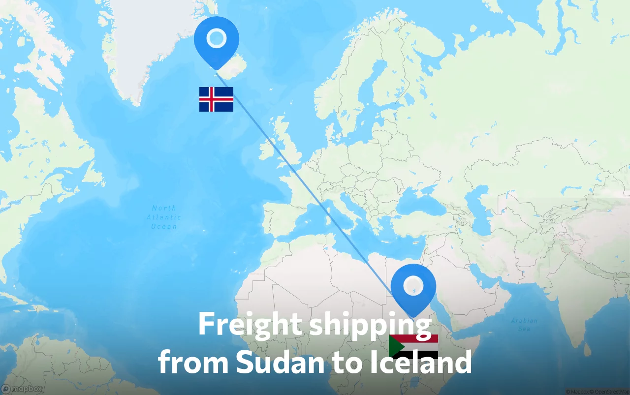 Shipping route from Sudan to Iceland