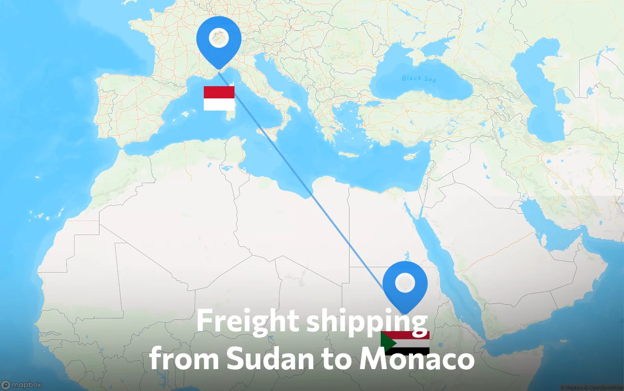 Shipping route from Sudan to Monaco