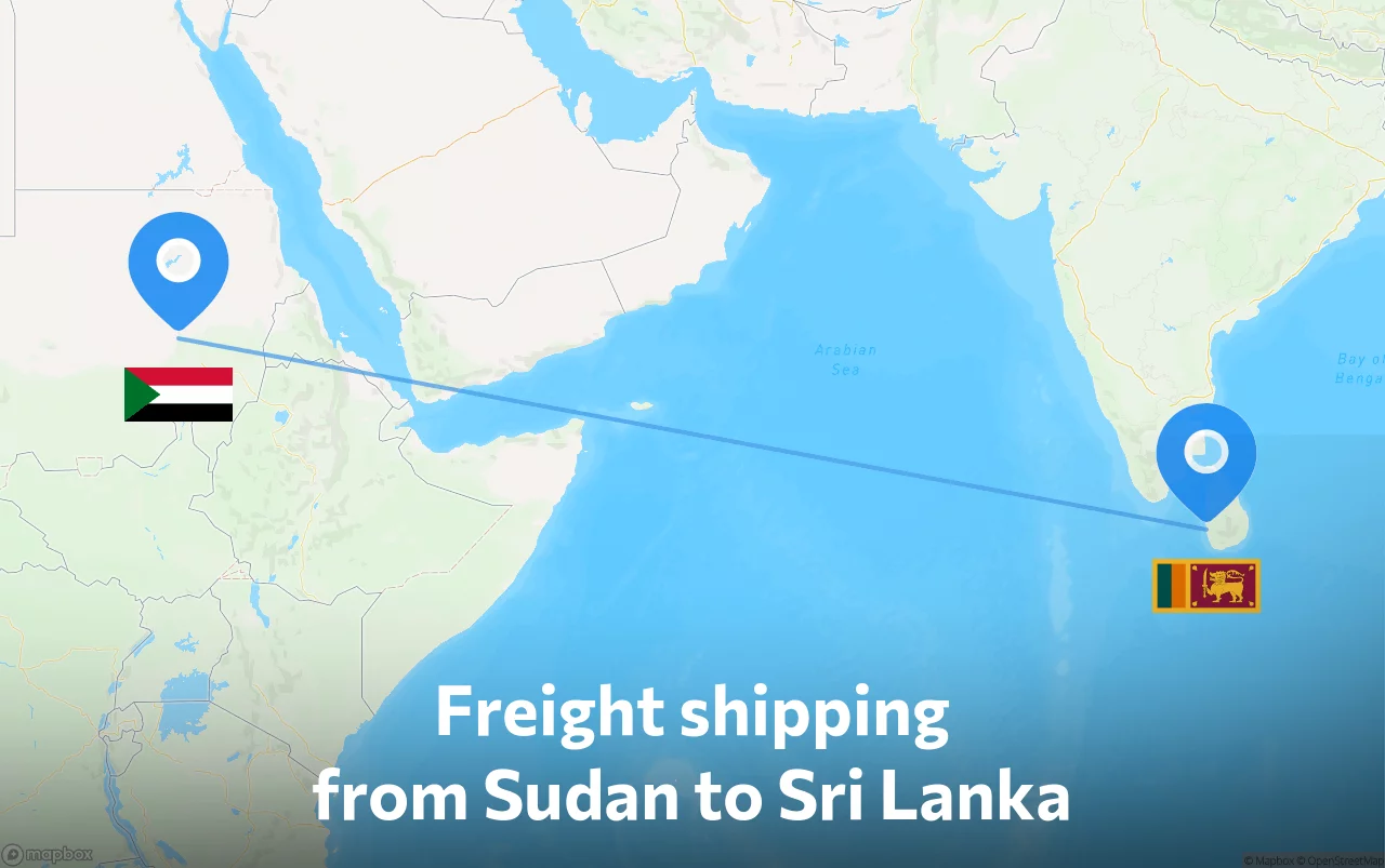 Shipping route from Sudan to Sri Lanka