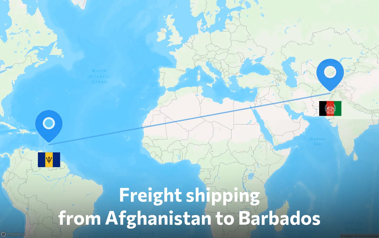 Shipping route from Afghanistan to Barbados