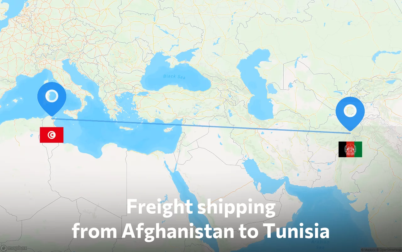 Shipping route from Afghanistan to Tunisia