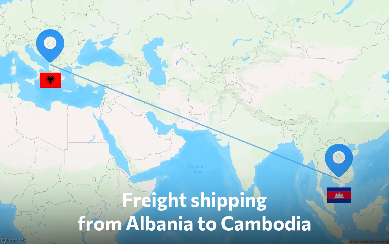 Shipping route from Albania to Cambodia