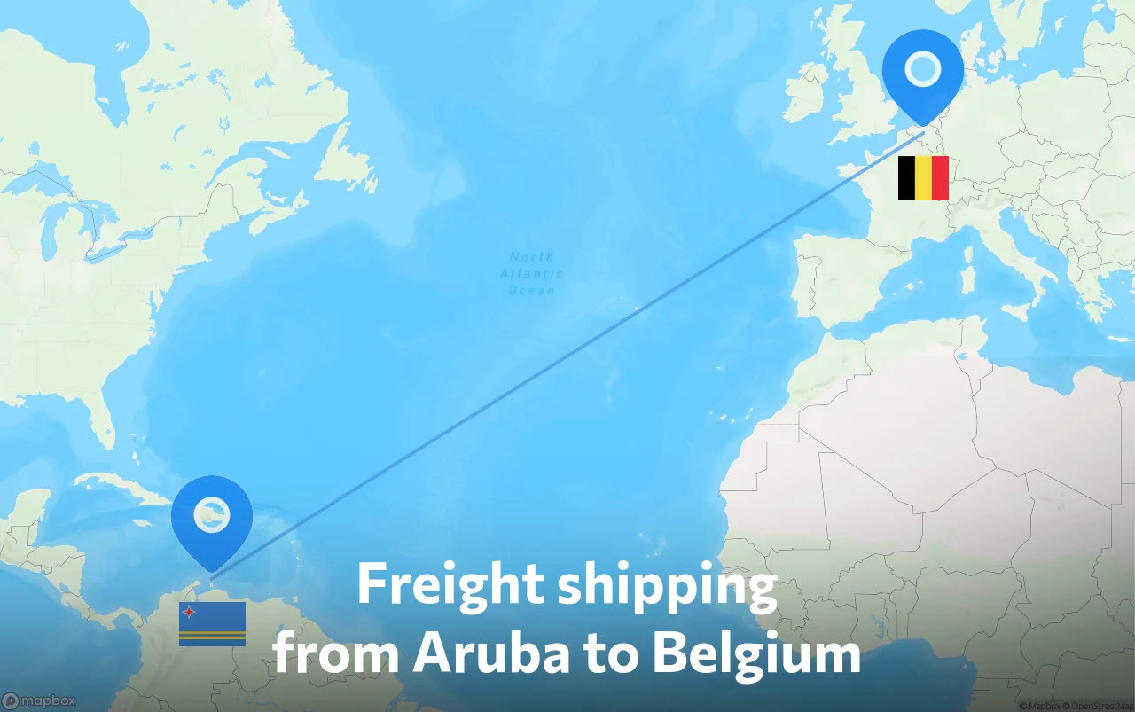 Shipping route from Aruba to Belgium