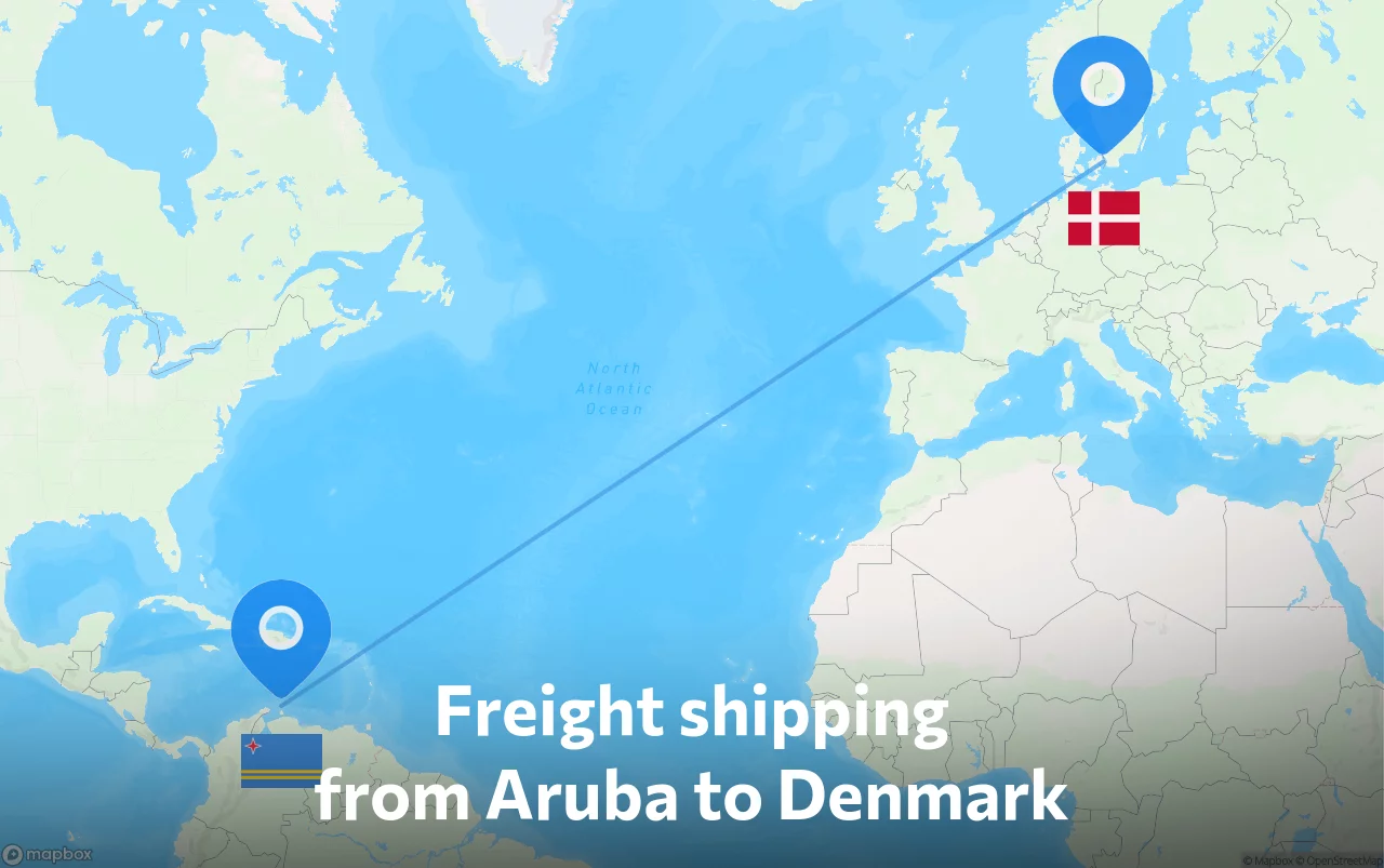 Shipping route from Aruba to Denmark