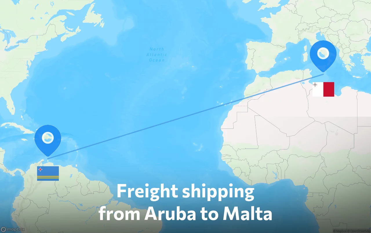 Shipping route from Aruba to Malta