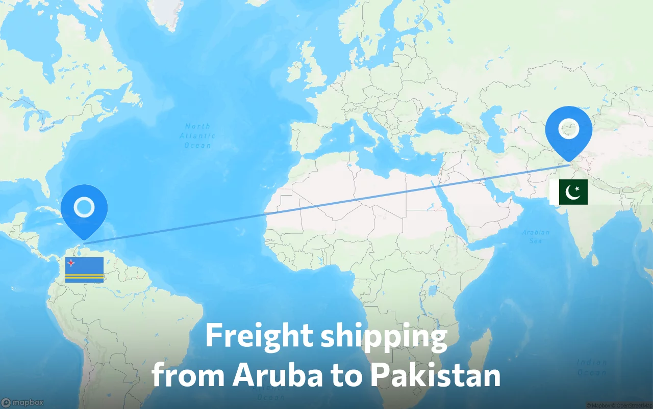 Shipping route from Aruba to Pakistan