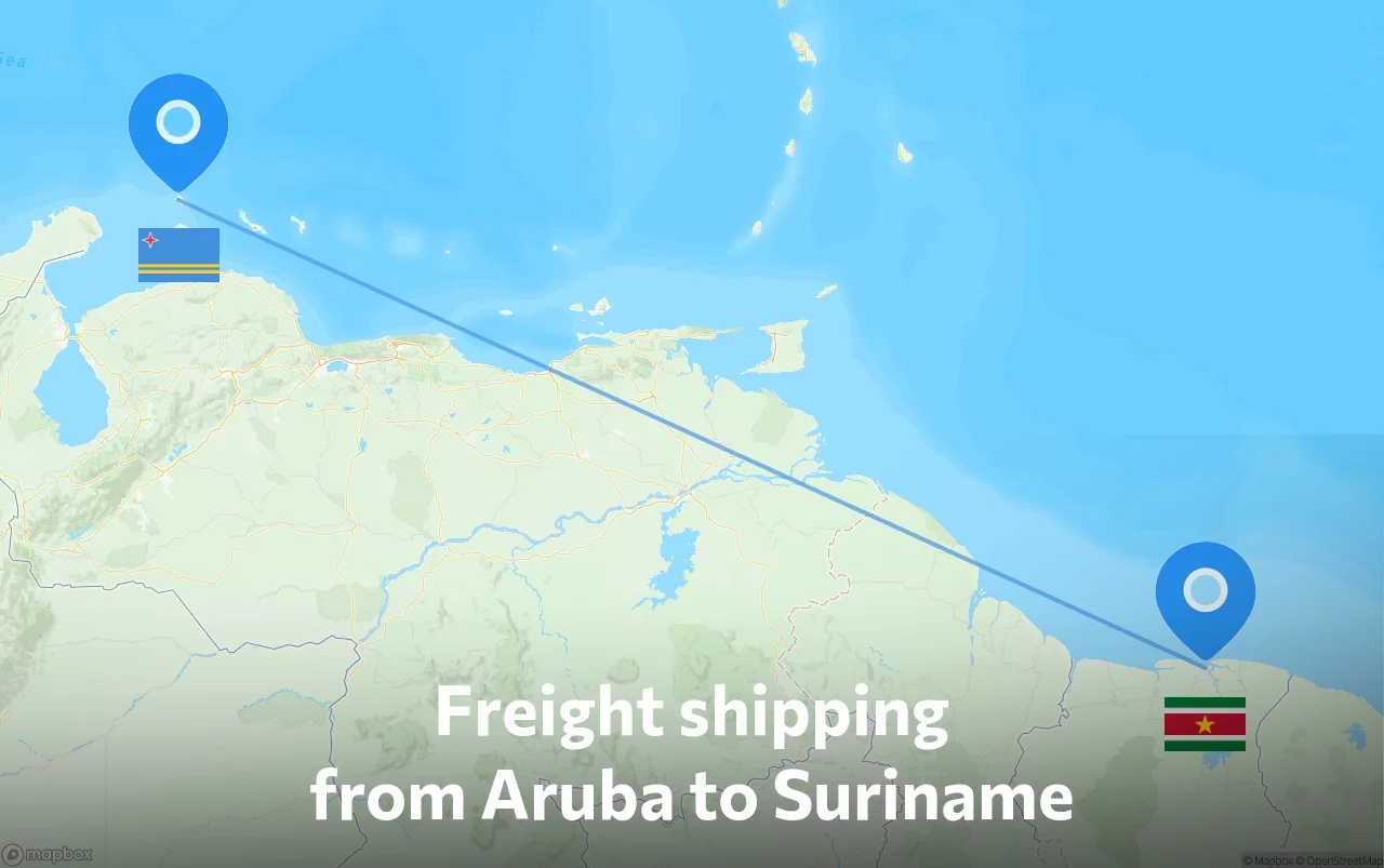 Shipping route from Aruba to Suriname