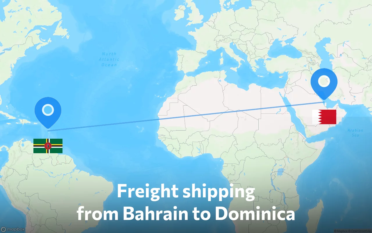 Shipping route from Bahrain to Dominica