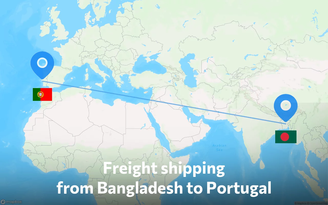 Shipping route from Bangladesh to Portugal