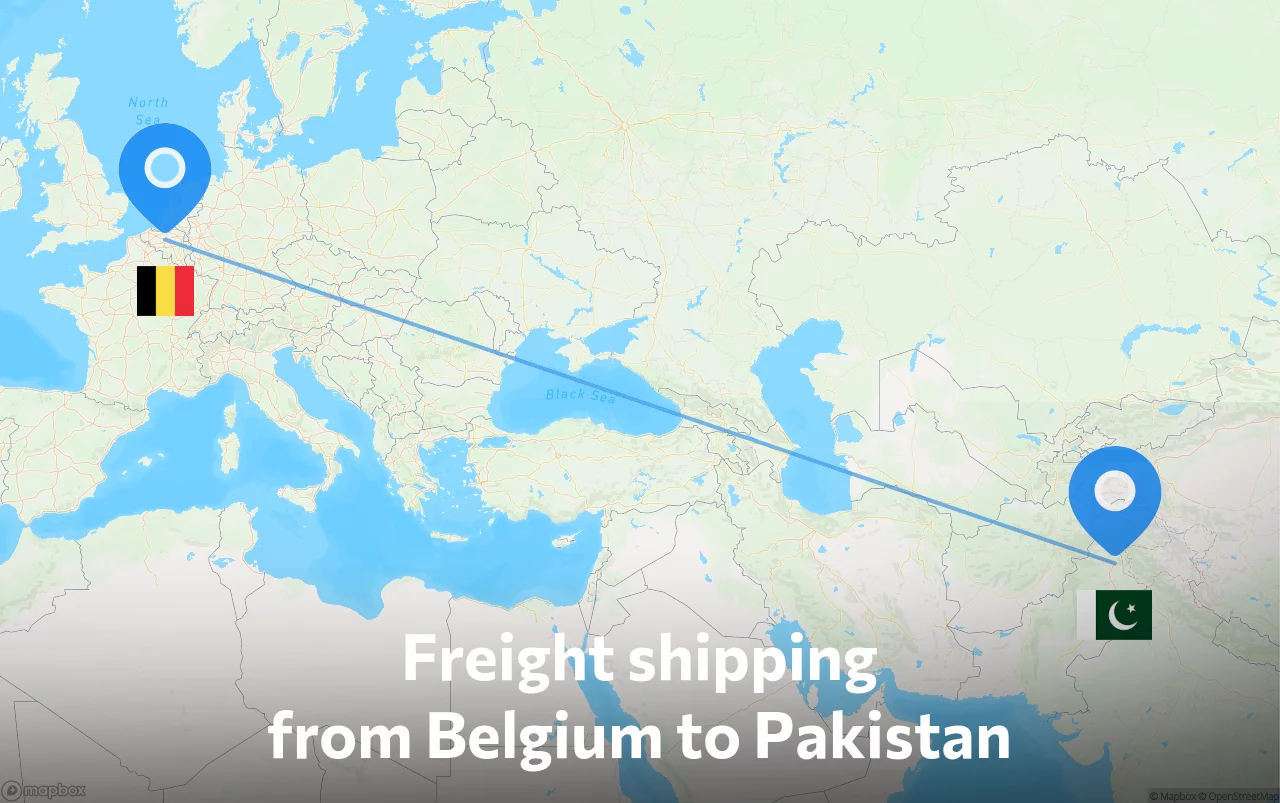 Shipping route from Belgium to Pakistan