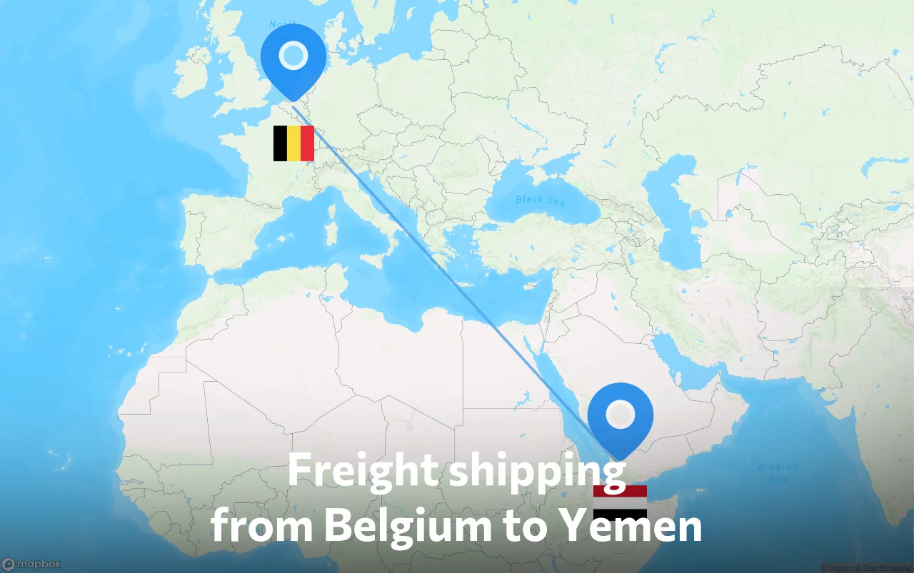 Shipping route from Belgium to Yemen