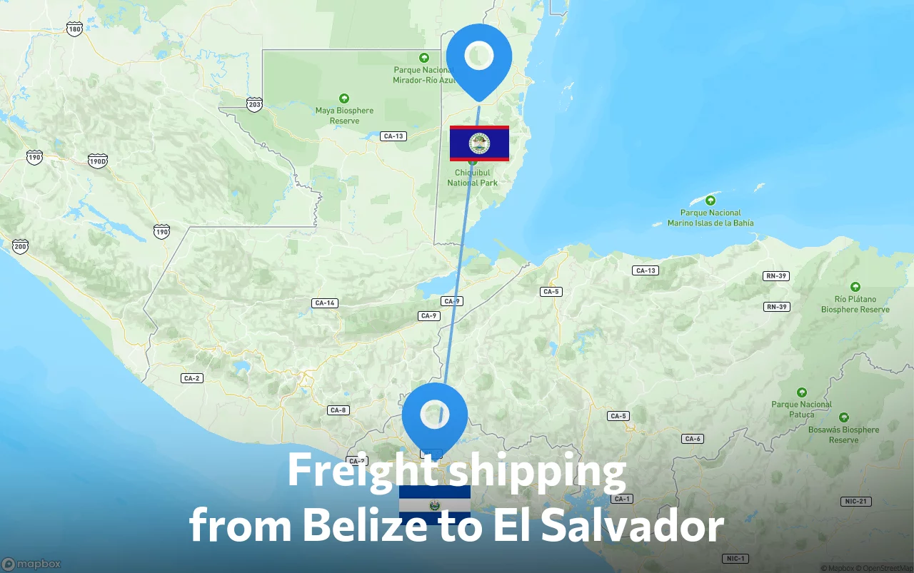 Shipping route from Belize to El Salvador