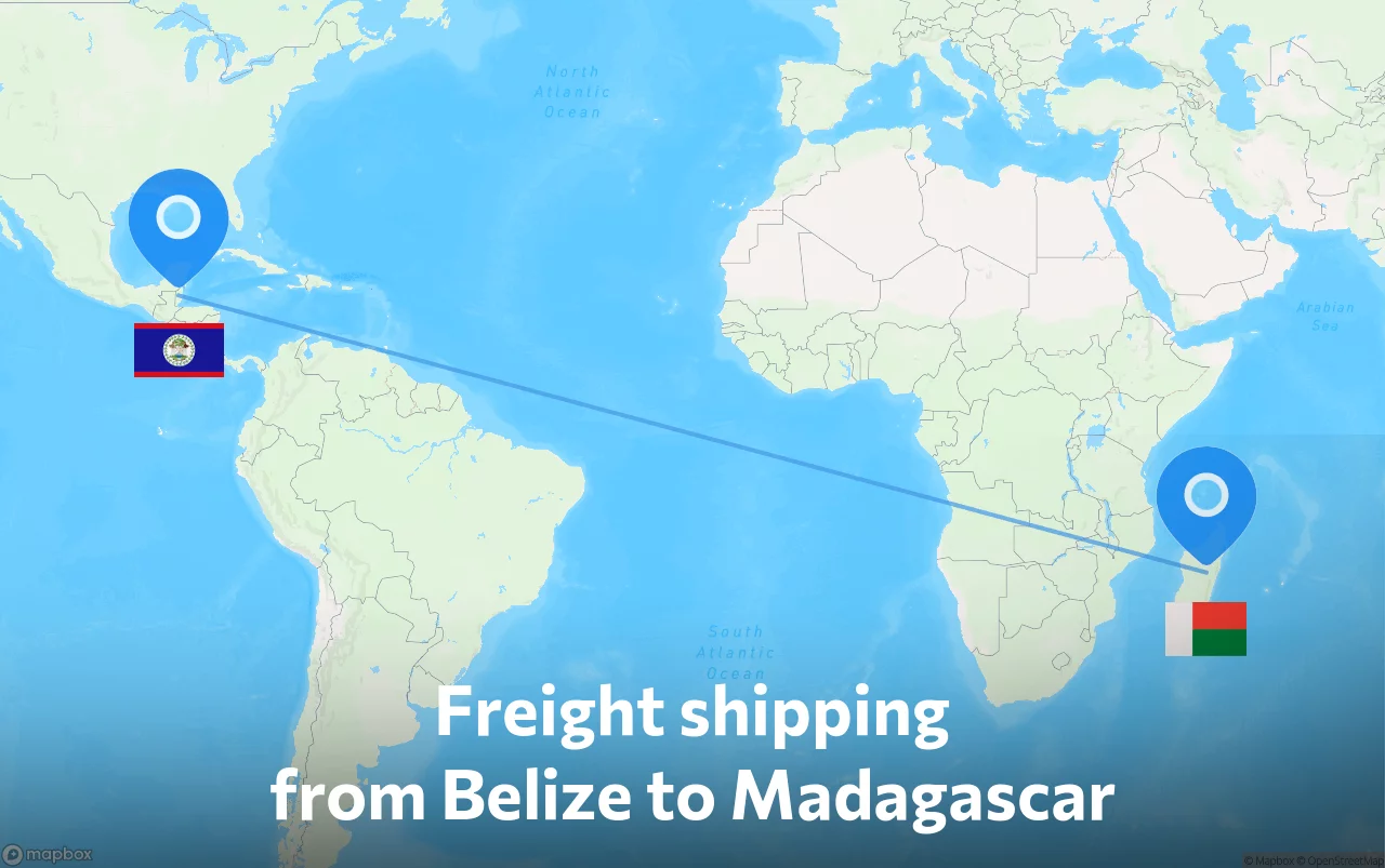 Shipping route from Belize to Madagascar