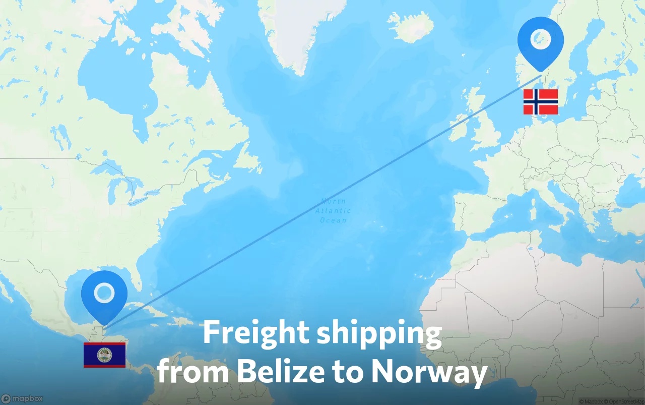 Shipping route from Belize to Norway