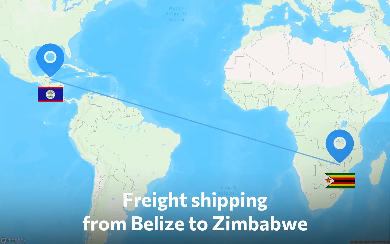 Shipping route from Belize to Zimbabwe