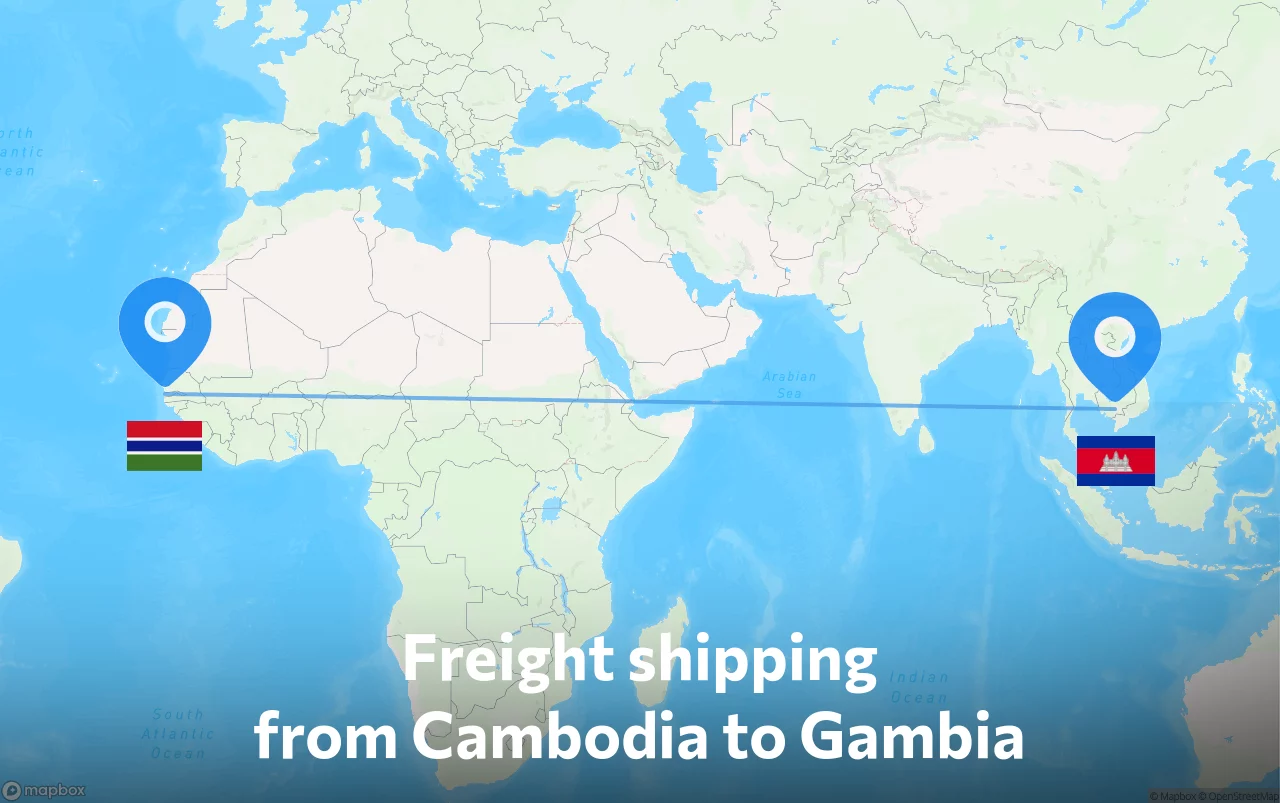 Shipping route from Cambodia to Gambia