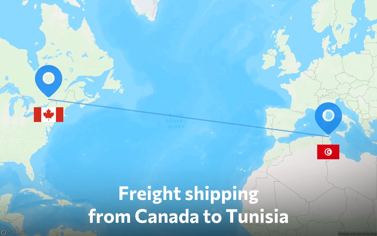 Shipping route from Canada to Tunisia