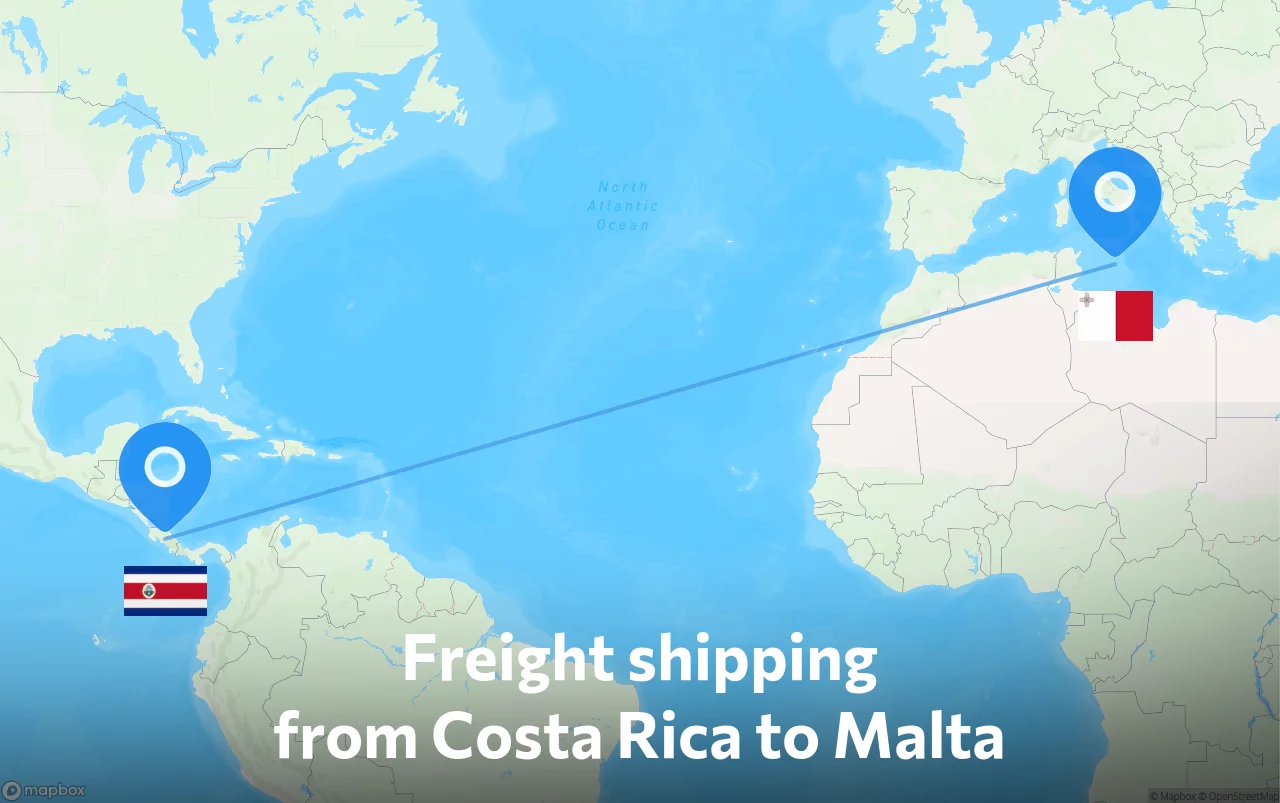 Shipping route from Costa Rica to Malta