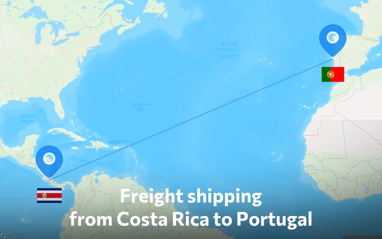 Shipping route from Costa Rica to Portugal