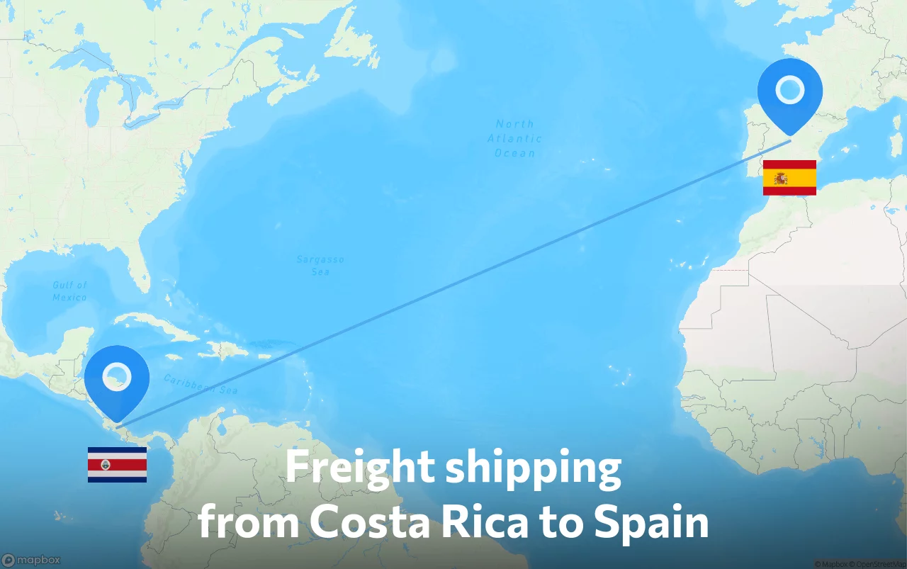 Shipping route from Costa Rica to Spain