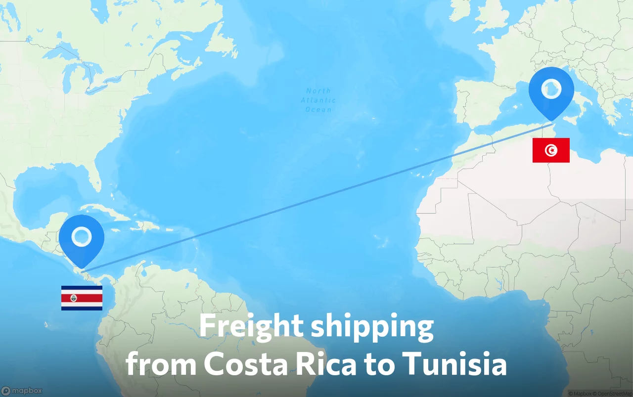 Shipping route from Costa Rica to Tunisia