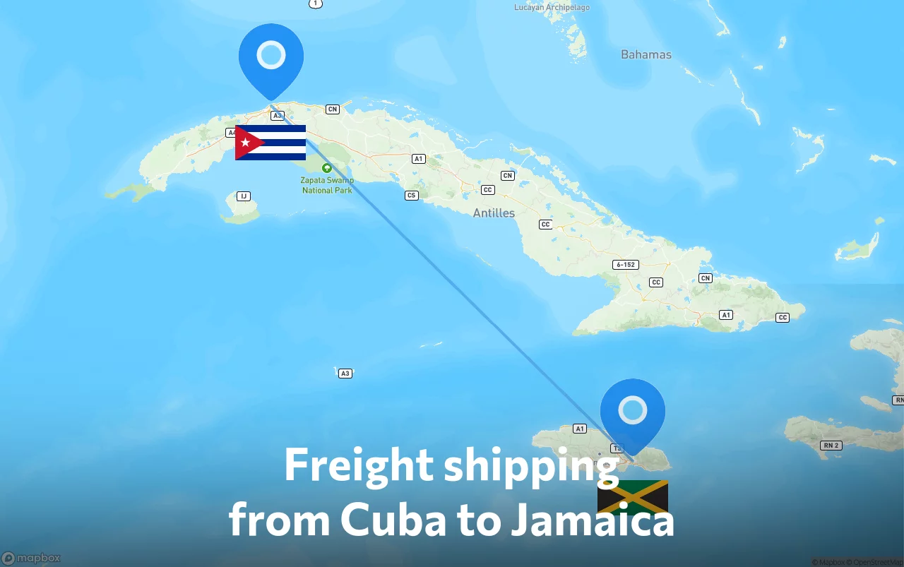 Shipping route from Cuba to Jamaica
