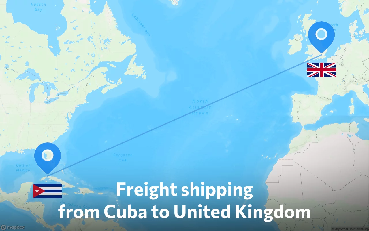 Shipping route from Cuba to United Kingdom