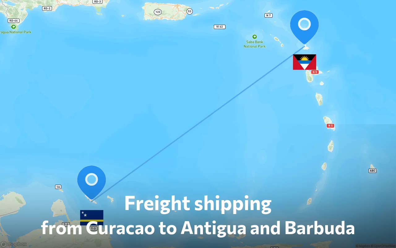 Shipping route from Curacao to Antigua and Barbuda