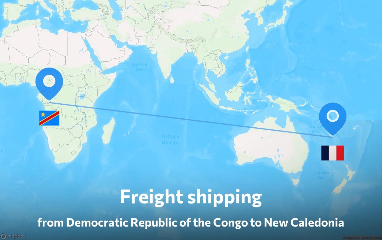 Shipping route from Democratic Republic of the Congo to New Caledonia