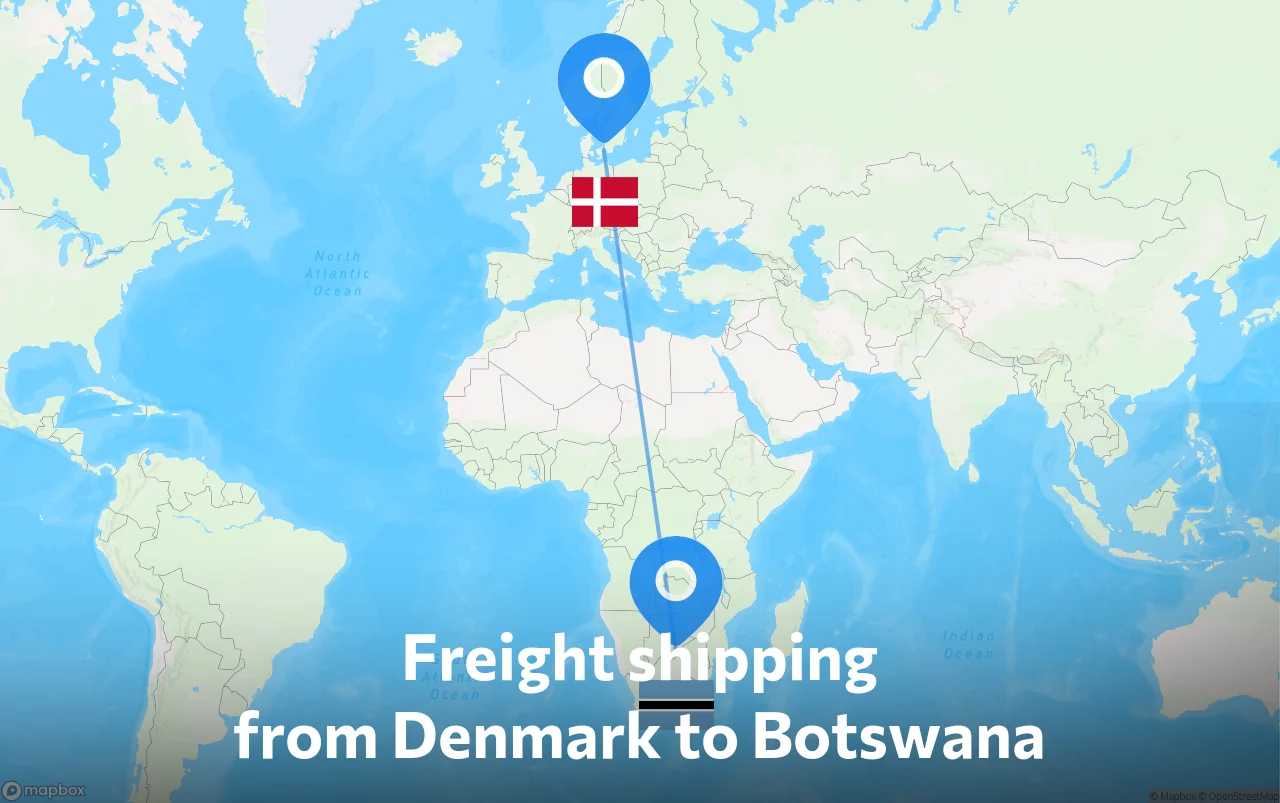 Shipping route from Denmark to Botswana